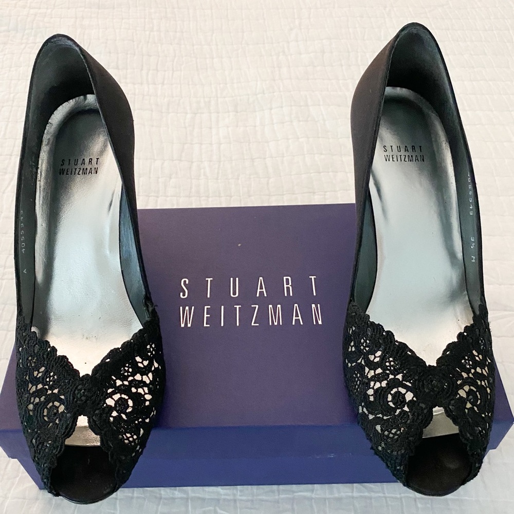 Stuart Weitzman Chantelle Black Satin Pumps size 9.5